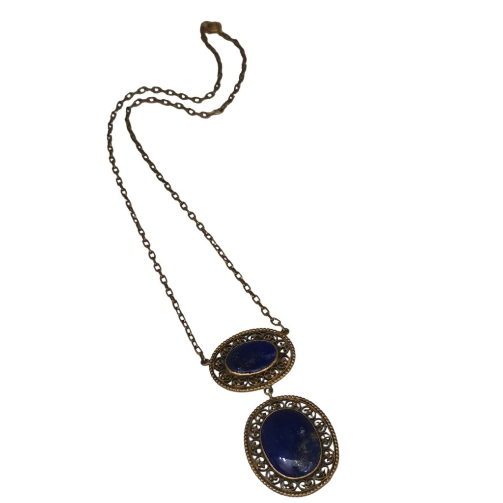 Antique Stone Lapis Style Filigree Drop Necklace A9338 130$